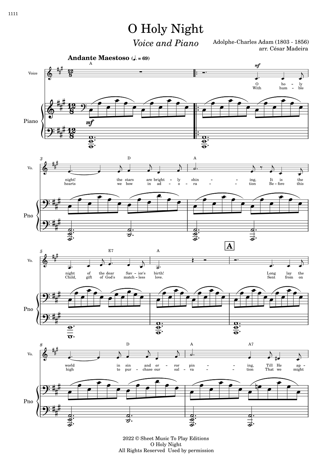 O Holy Night - Voice and Piano - A Major - W/Chords (Full Score and Parts) (arr. César Madeira)