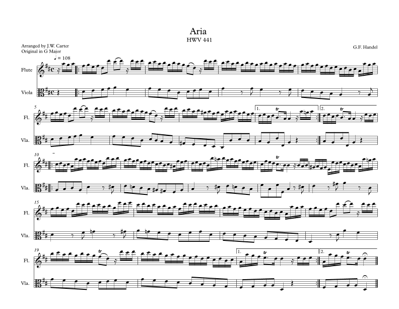 Aria from Keyboard Suite in G for Flute & Viola Duet (arr. J.W. Carter)