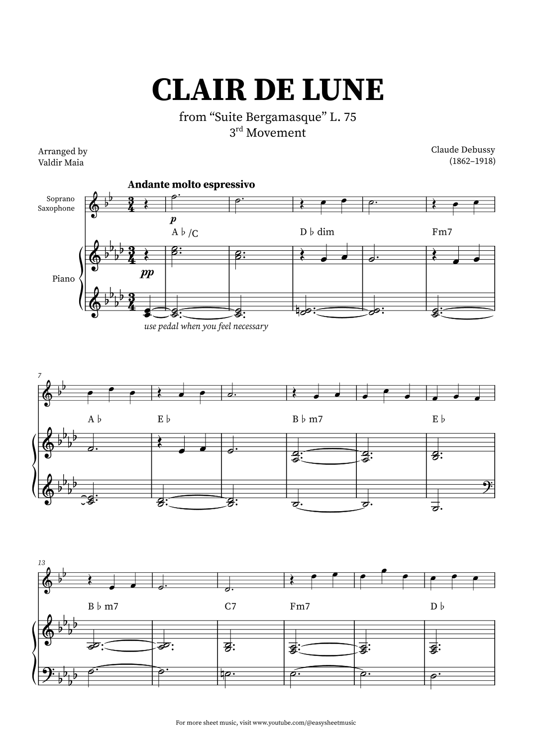 Clair de Lune - Soprano Sax and Piano + CHORDS (arr. Valdir Maia)