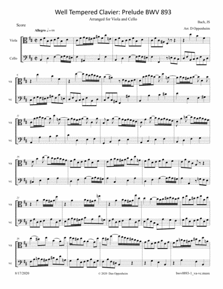 Bach: Prelude in B Minor from The Well Tempered Clavier (BWV 893) arr. for Viola and Cello (arr. Oppenheim, D)