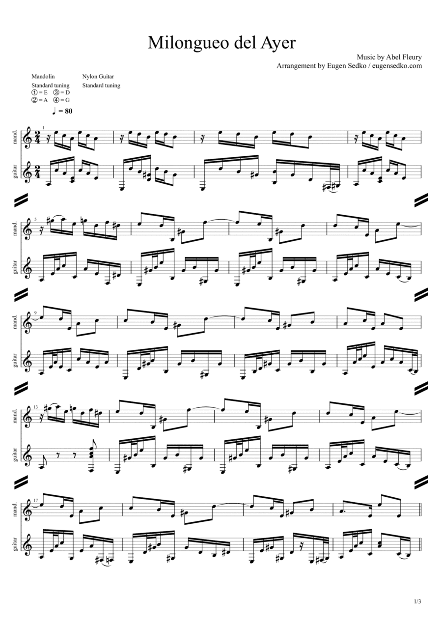 Milongueo del Ayer for mandolin & guitar duo (arr. Eugen Sedko)