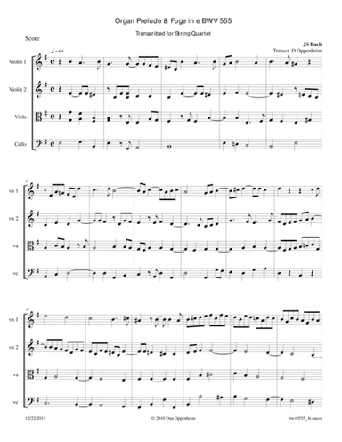 Bach: Prelude & Fugue in E Minor BWV 555 transcribed for String Quartet (arr. D Oppenheim)
