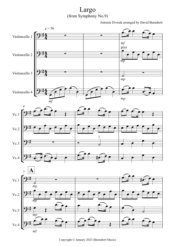 Largo (from the New World Symphony) for Cello Quartet (arr. David Burndrett)