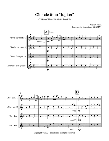 Chorale from "Jupiter" - Saxophone Quartet (arr. Sean Breen)