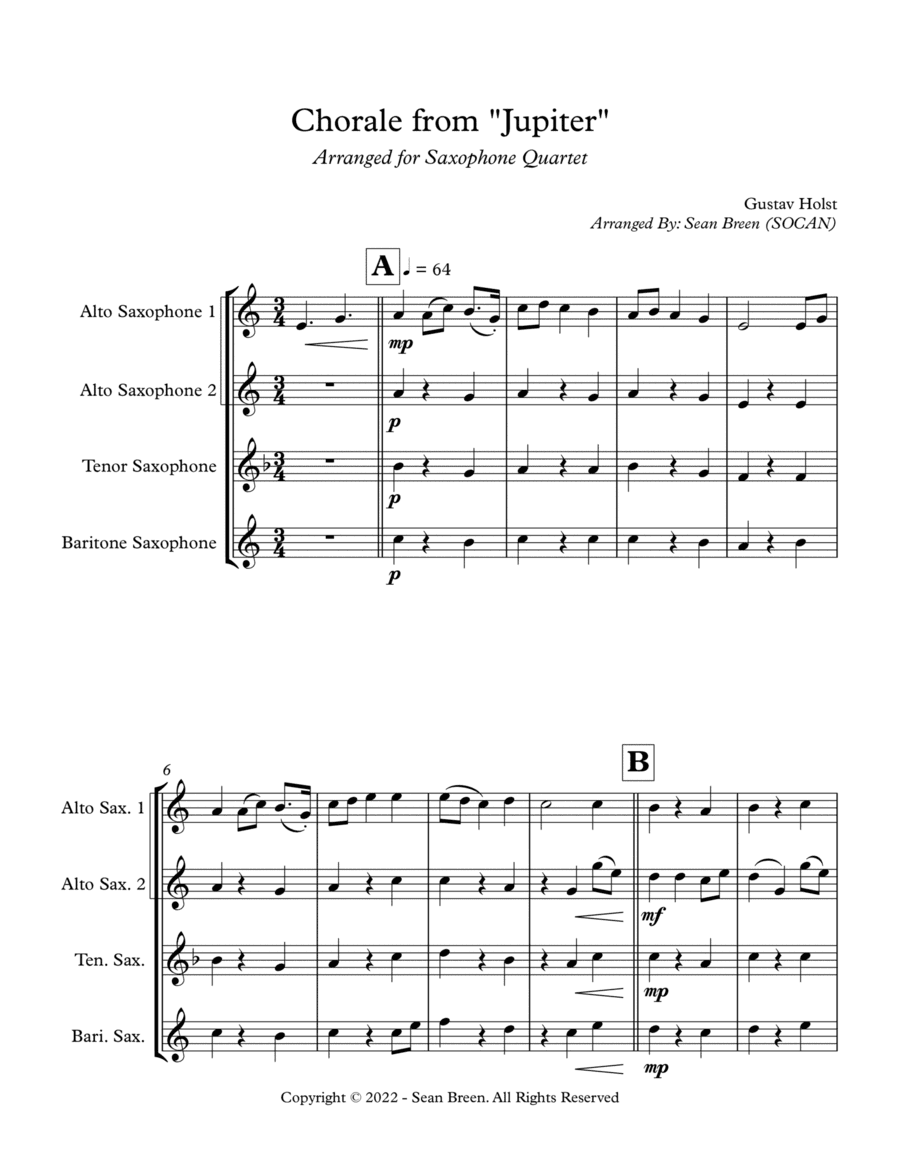 Chorale from "Jupiter" - Saxophone Quartet (arr. Sean Breen)