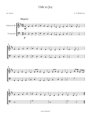 ode to joy clarinet and cello sheet music in c for beginners (arr. Arezzo Music)