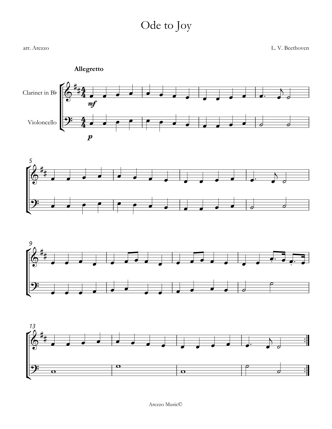 ode to joy clarinet and cello sheet music in c for beginners (arr. Arezzo Music)