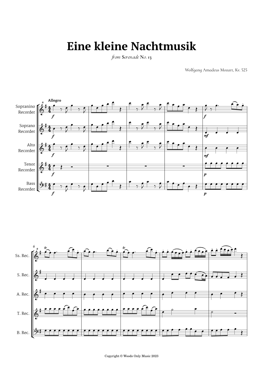 Eine kleine Nachtmusik by Mozart for Recorder Quintet (arr. Ander)