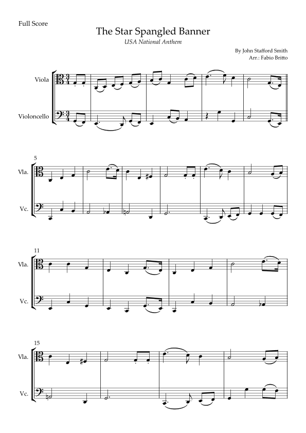 The Star Spangled Banner (USA National Anthem) for Viola & Cello Duo (arr. Fabio Britto)