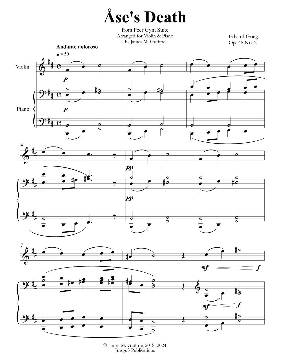 Grieg: Ase's Death from Peer Gynt Suite for Violin & Piano (arr. James M. Guthrie, ASCAP)