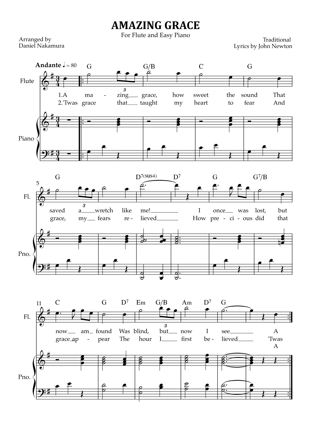 Amazing Grace (for flute with easy piano) (arr. Daniel Nakamura)