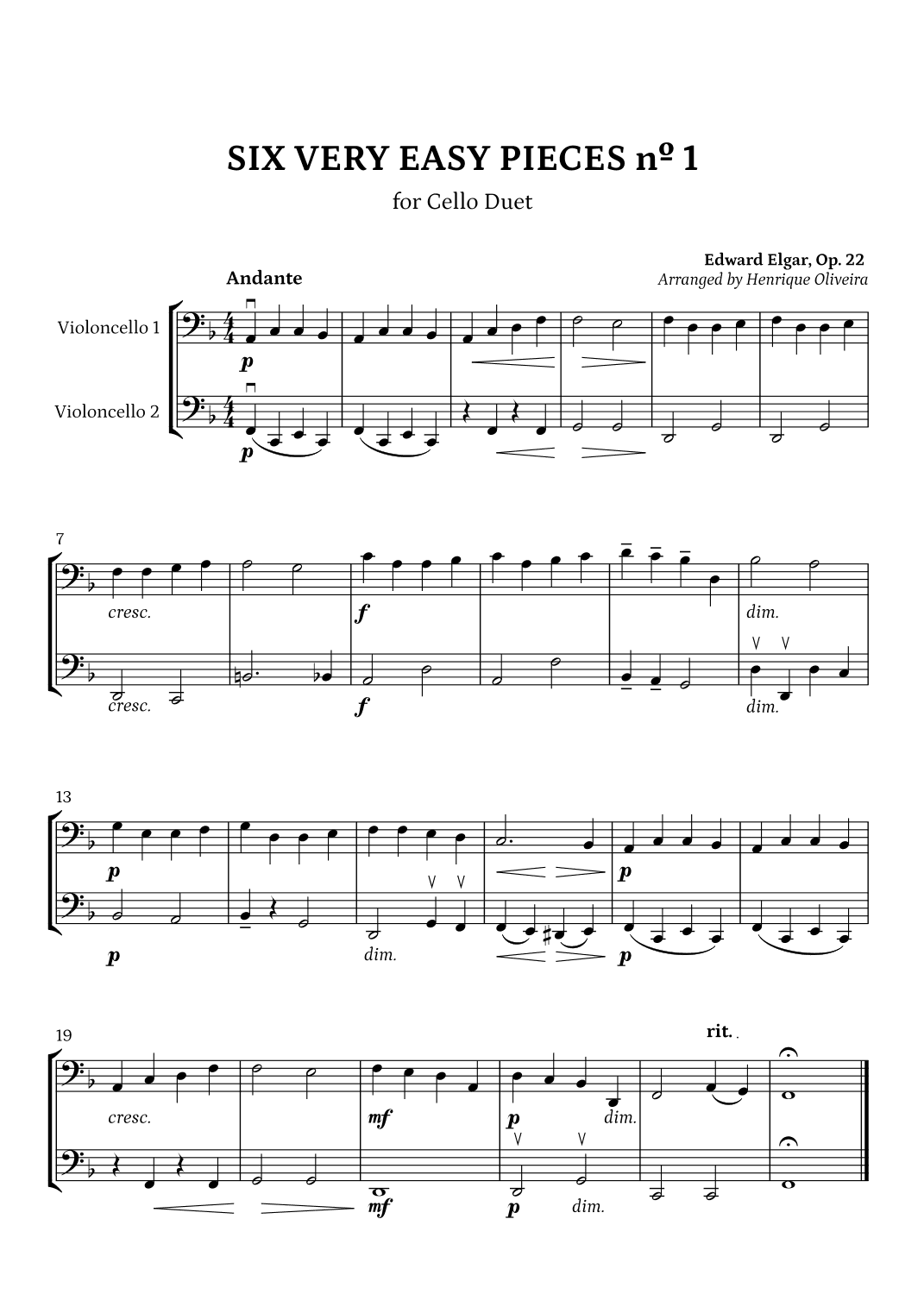 Six Very Easy Pieces nº 1 (Andante) - Cello Duet (arr. Henrique Oliveira)