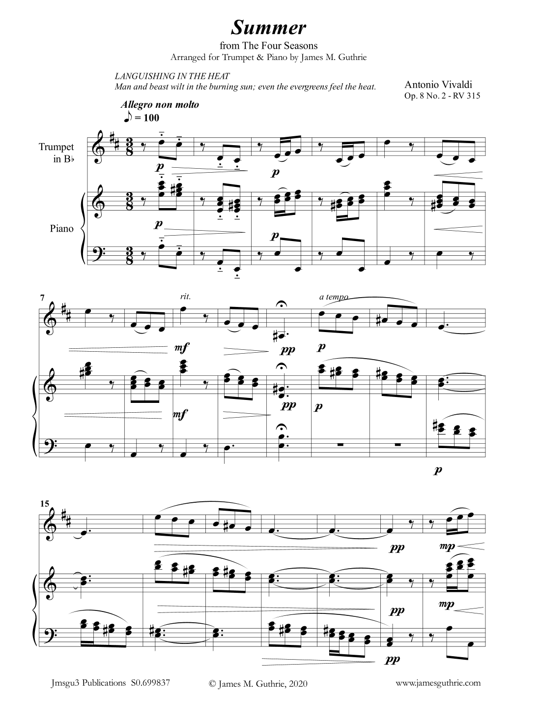 Vivaldi: Summer from the Four Seasons for Trumpet & Piano (arr. James M. Guthrie, ASCAP)