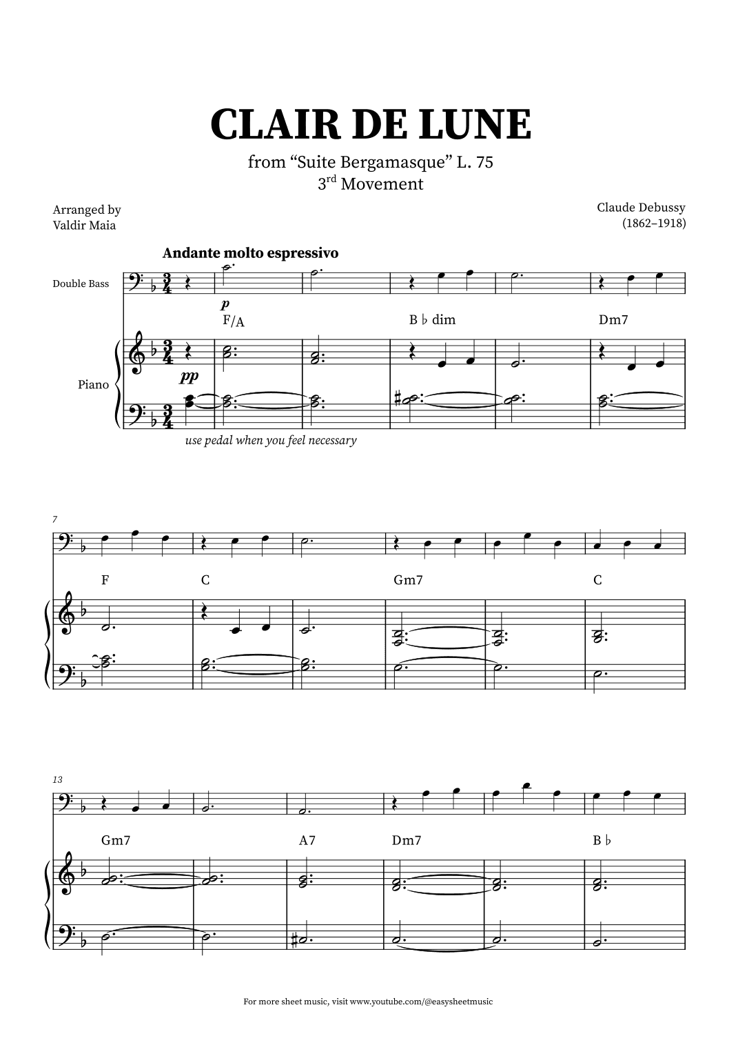 Clair de Lune - Double Bass and Piano + CHORDS (arr. Valdir Maia)