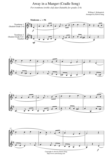 Away in a Manger (Cradle Song) (for trombone duet (treble clef), suitable for grades 2-6) (arr. Edwin Sung)
