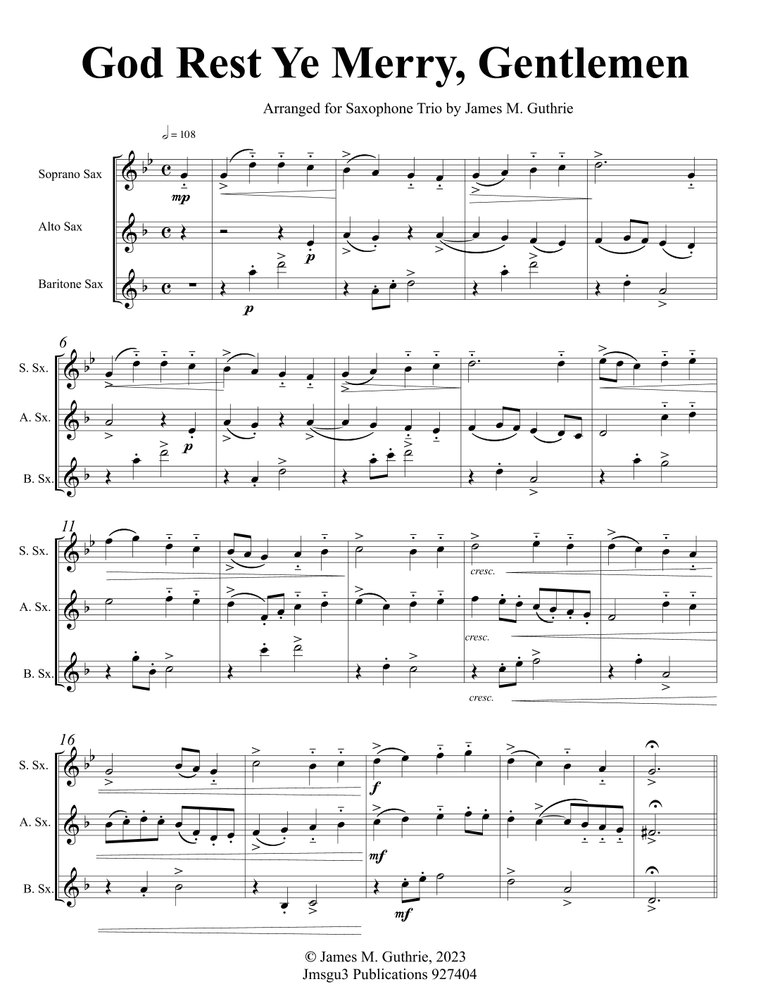 God Rest Ye Merry, Gentlemen for Saxophone Trio (arr. James M. Guthrie)