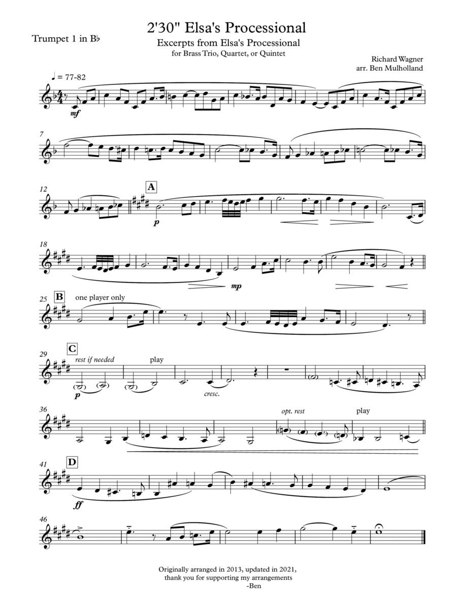 Elsa's Procession to the Cathedral 2 minutes and 30 seconds version for Brass Trio, Quartet, or Quin (arr. Ben Mulholland)