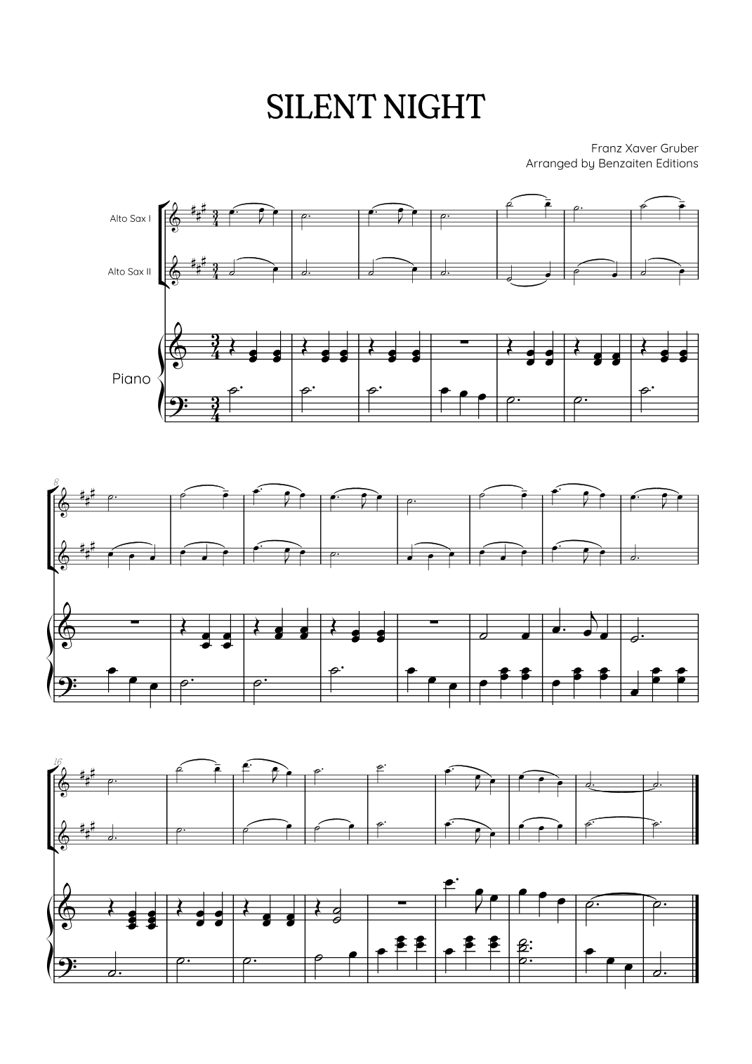 Silent Night for alto sax duet with piano accompaniment • easy Christmas song sheet music (arr. Benzaiten Editions)