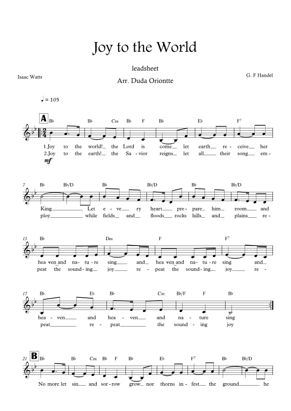 Joy to the World (Bb major - leadsheet - with lyrics) (arr. Duda Oriontte)