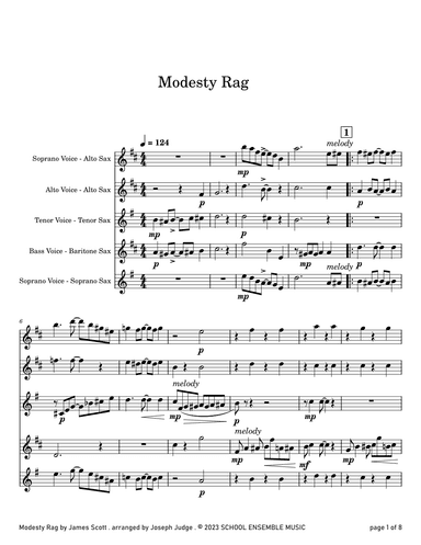 Modesty Rag by James Scott for Saxophone Quartet in Schools (arr. Joseph Judge)