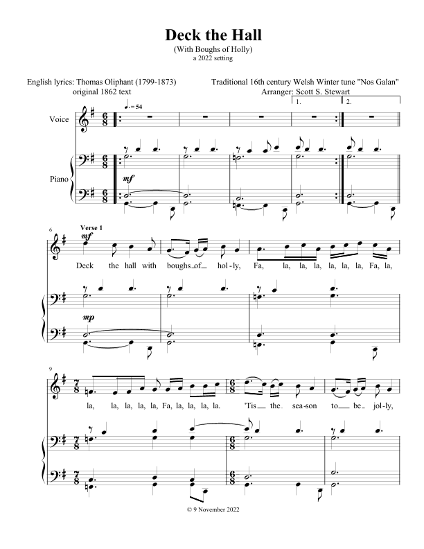 Deck the Hall (secular Christmas air - high voice) (arr. Scott S. Stewart)