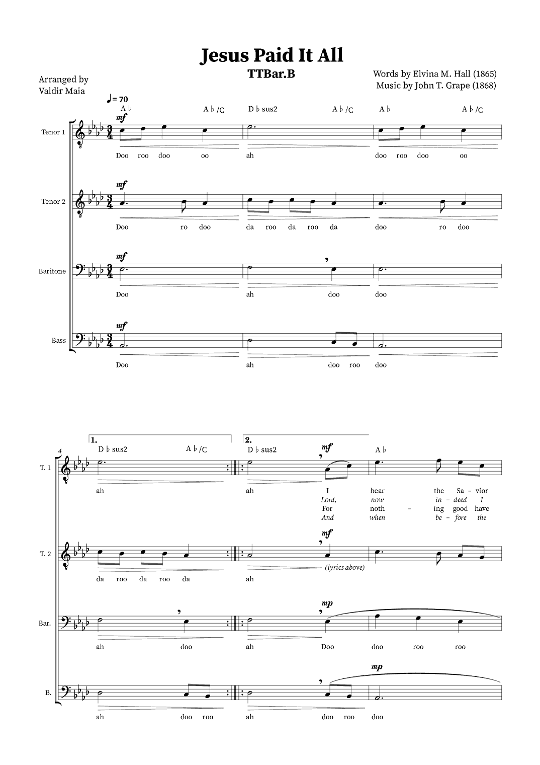 Jesus Paid It All - TTBB Quartet or Choir (+ Chords) (arr. Valdir Maia)