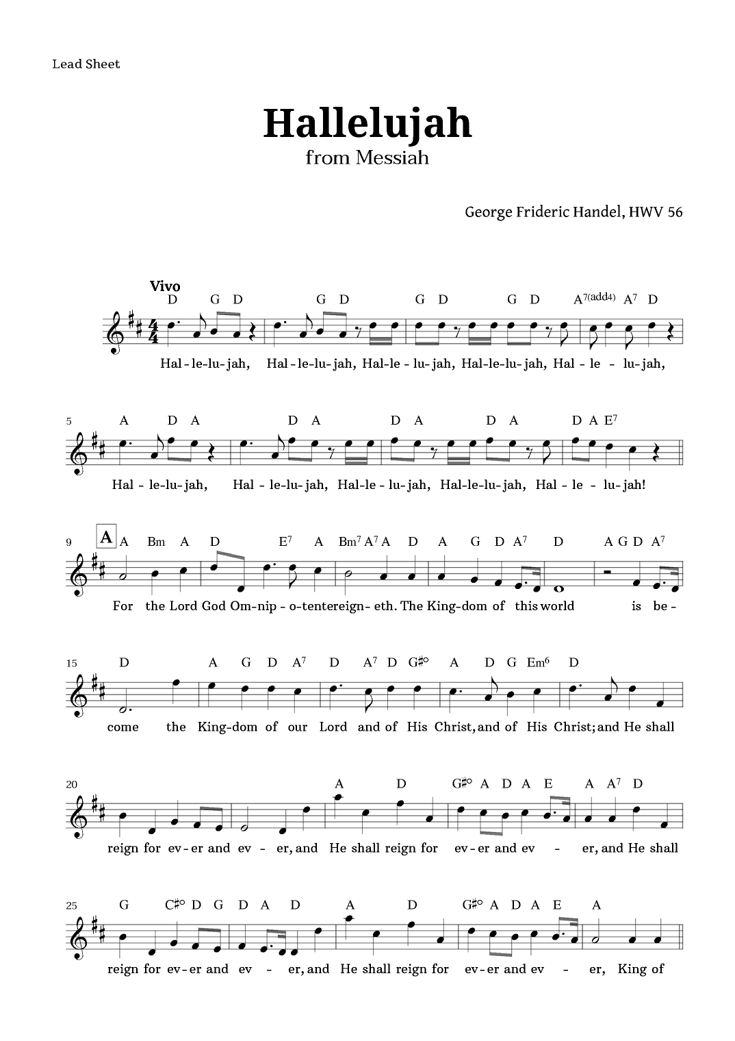 Hallelujah by Handel Lead Sheet (arr. Langanho)
