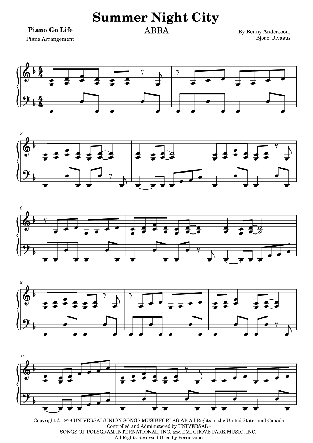 Summer Night City (arr. Piano Go Life)