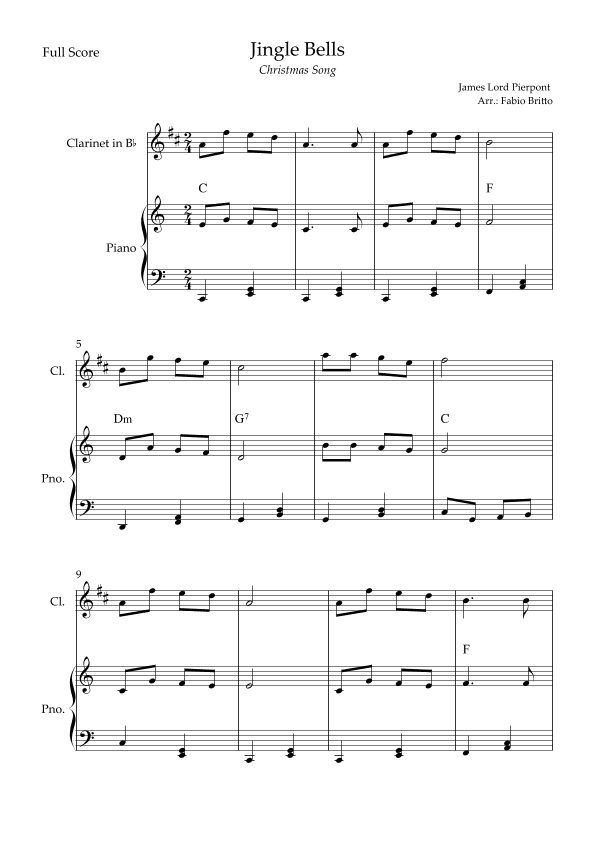 Jingle Bells (Christmas Song) for Clarinet in Bb Solo and Piano Accompaniment with Chords (arr. Fabio Britto)