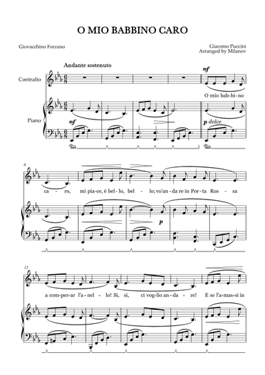 O Mio Babbino Caro | Female Voice Contralto | E-flat Major | Piano accompaniment | Pedal (arr. Milanov)