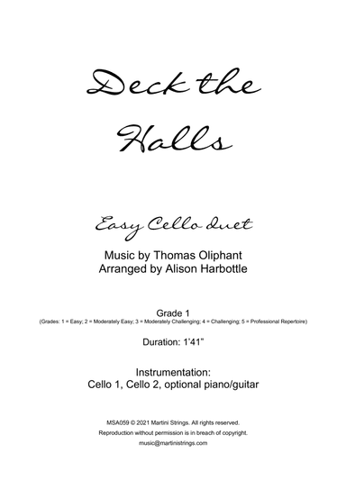 Deck the Halls - Christmas Carol, easy cello duet (arr. Alison Harbottle)