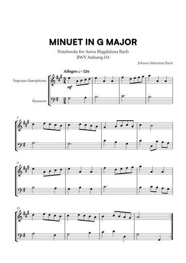 Minuet in G Major (BWV Anh. 114) (for Soprano Saxophone and Bassoon) (arr. Cadenza Editions)
