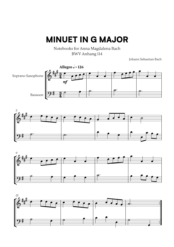 Minuet in G Major (BWV Anh. 114) (for Soprano Saxophone and Bassoon) (arr. Cadenza Editions)