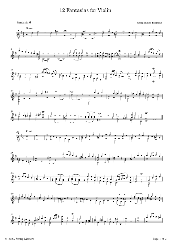 Telemann 12 Fantasias for Solo Violin, No 06 (arr. String Masters)