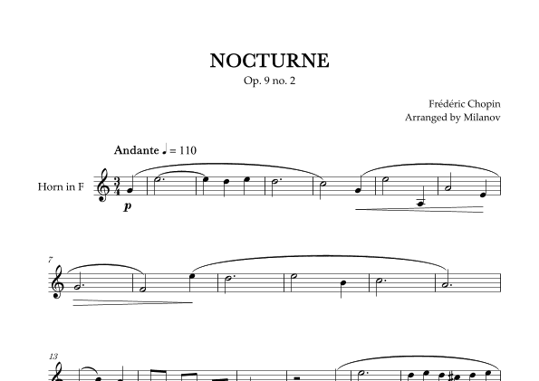 Chopin Nocturne op. 9 no. 2 | Horn in F | F Major | Easy beginner (arr. Milanov)