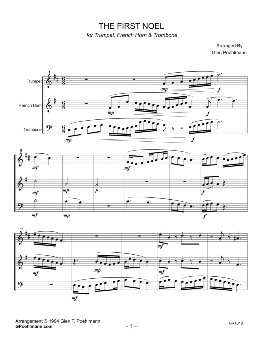 THE FIRST NOEL - BRASS TRIO (unaccompanied) (arr. Glen Poehlmann)