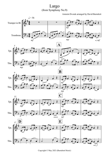 Largo (from the New World) for Trumpet and Trombone Duet (arr. David Burndrett)