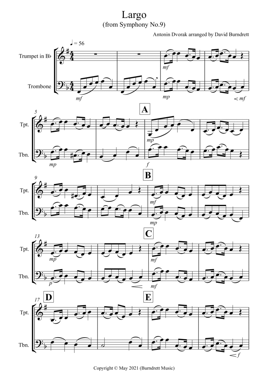 Largo (from the New World) for Trumpet and Trombone Duet (arr. David Burndrett)
