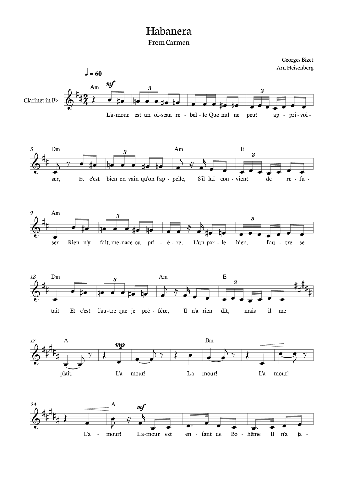 Habanera from Carmen for Clarinet with chords (arr. Heisenberg)
