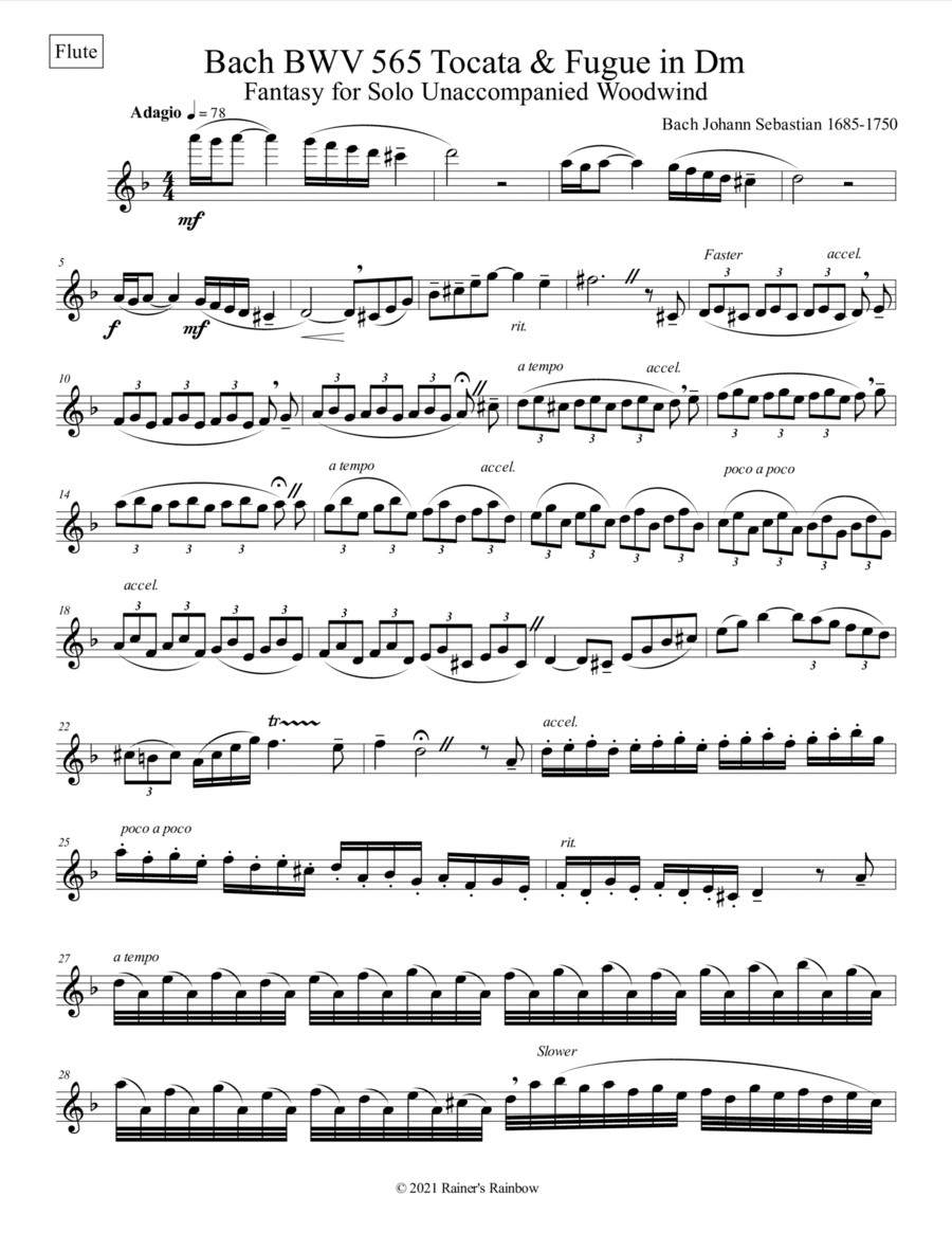 Bach BWV 565 Tocata & Fugue in Dm Fantasy Unaccompanied Flute or Oboe or Sax (arr. R G Roth)