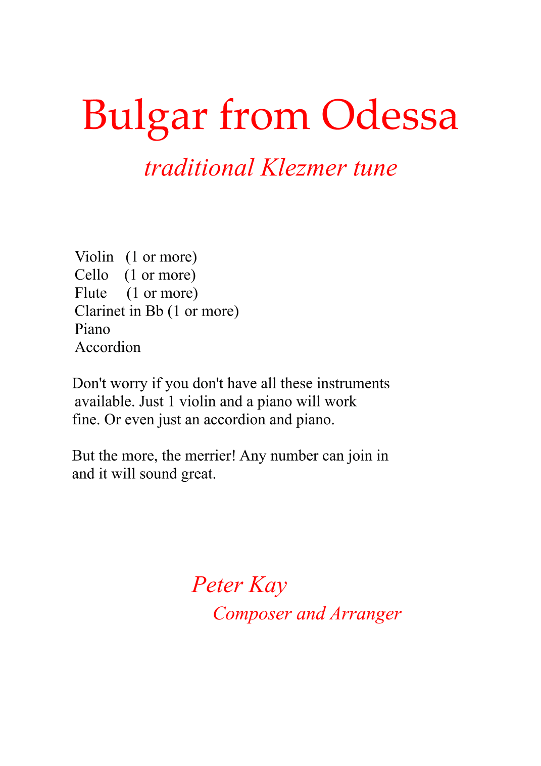 Bulgar From Odessa, traditional Klezmer tune arranged for Klezmer group (arr. Peter Kay)