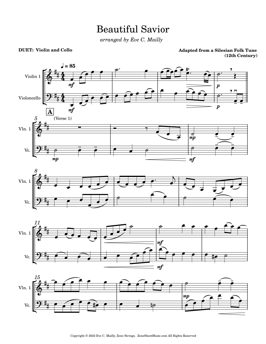 Beautiful Savior (Fairest Lord Jesus) - Violin & Cello Duet (arr. Eve C. Mailly - Zene Strings)