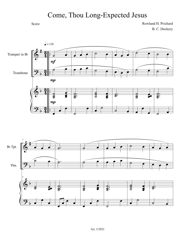Come, Thou Long-Expected Jesus (Trumpet and Trombone Duet with Piano Accompaniment) (arr. B. C. Dockery)