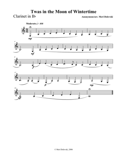 Twas in the moon of Wintertime: clarinet/piano (arr. Meri Dolevski)