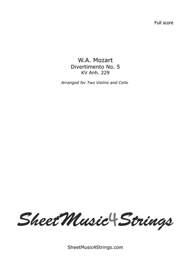 Mozart, W.A. -  Divertimento No. 5, K. 229 for 2 Violins and Cello (arr. SheetMusic4Strings)