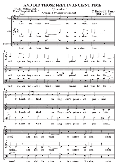 Jerusalem (And Did Those Feet) A Cappella SAB (arr. Andrew Emmet)