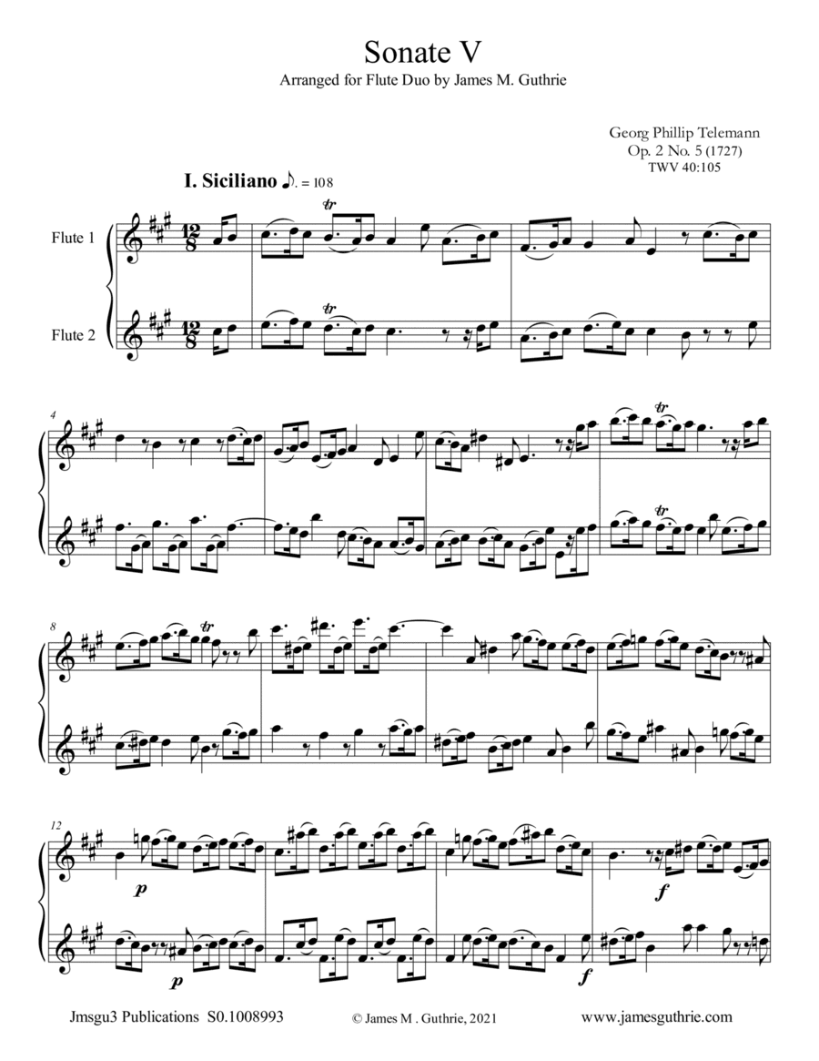 Telemann: Sonata Op. 2 No. 5 for Flute Duo (arr. James M. Guthrie)