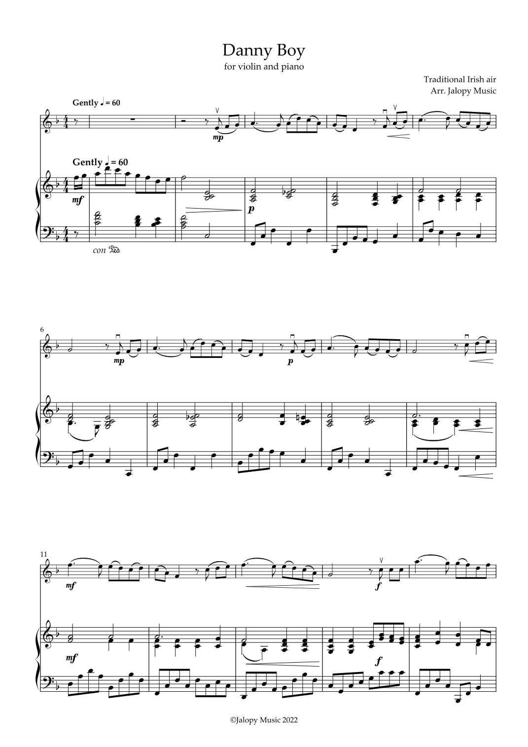 Danny Boy Violin and Piano (arr. Jackie Fletcher)