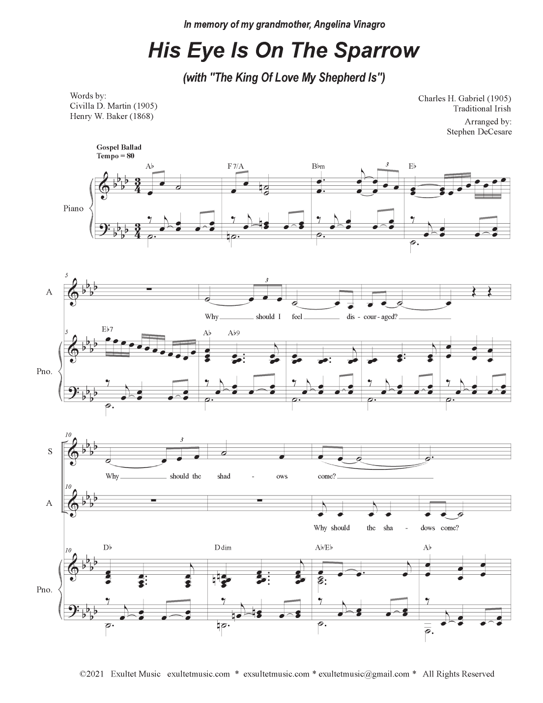 His Eye Is On The Sparrow (with "The King Of Love My Shepherd Is") (Duet for Soprano & Alto solo) (arr. Stephen DeCesare)