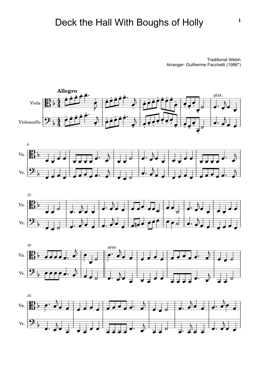 Deck the Hall With Boughs of Holly - Arranged for Viola and Violoncello. (arr. Guilherme Facchetti)